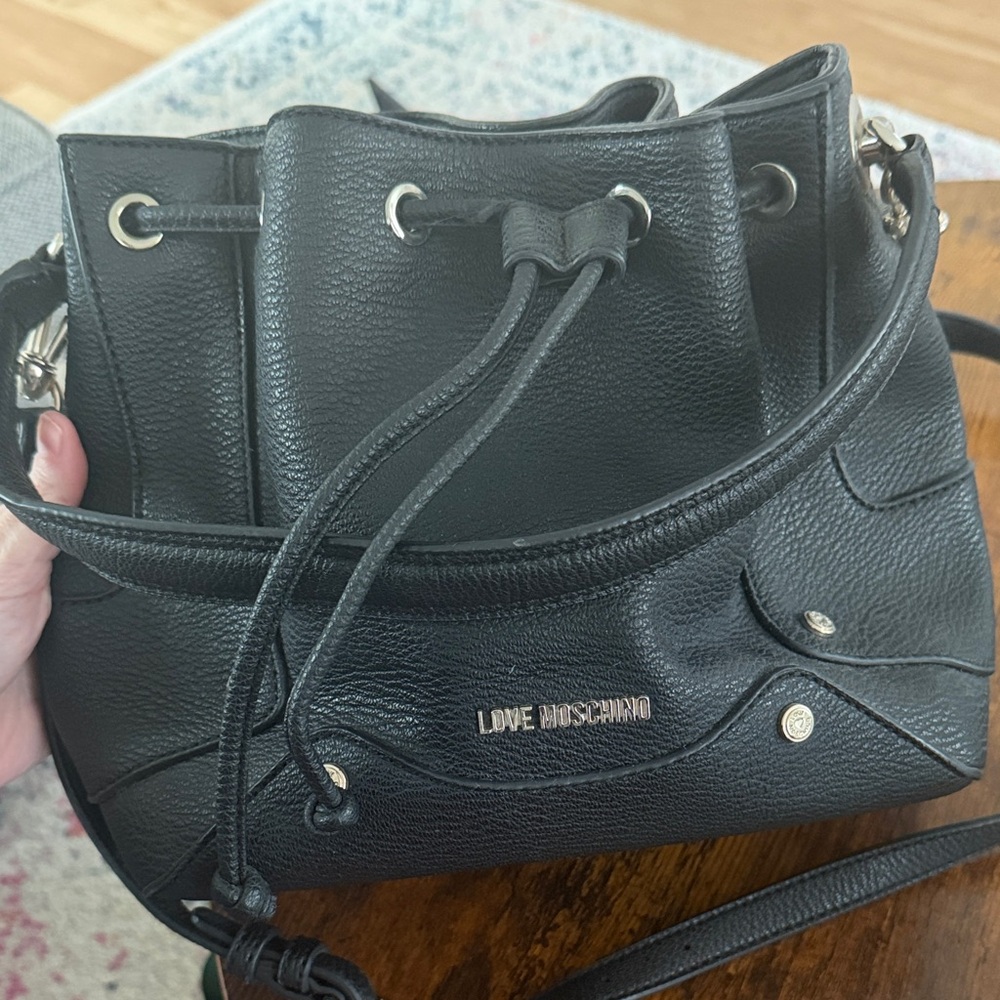 Love Moschino Black Pebbled Leather Drawstring Crossbody